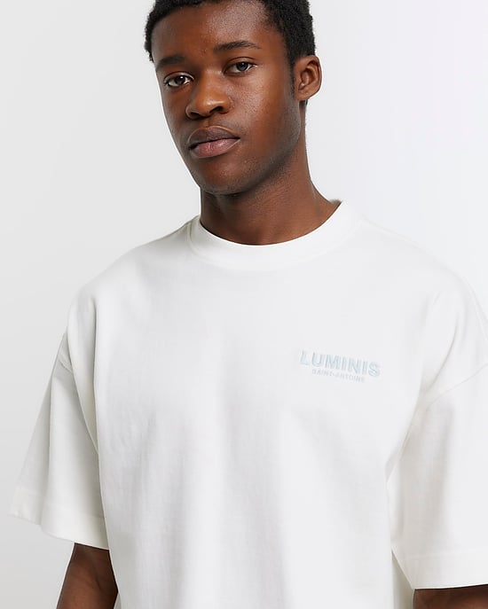 River Island Mens T-Shirt Ecru Regular Fit Graphic Heavyweight - Image 3
