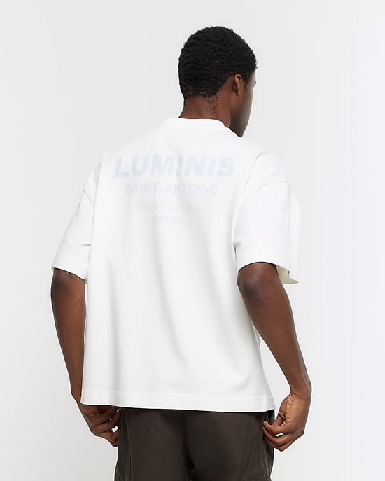 River Island Mens T-Shirt Ecru Regular Fit Graphic Heavyweight - Image 4