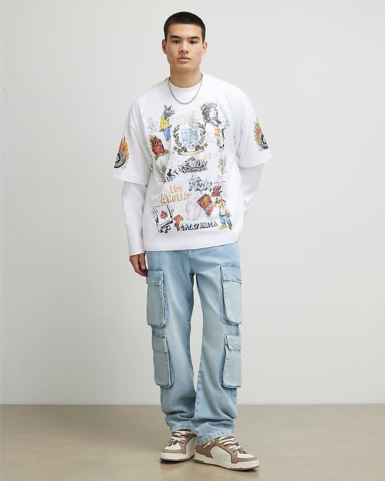 River Island Mens T-Shirt White Oversized Fit Tattoo Graphic - Image 2