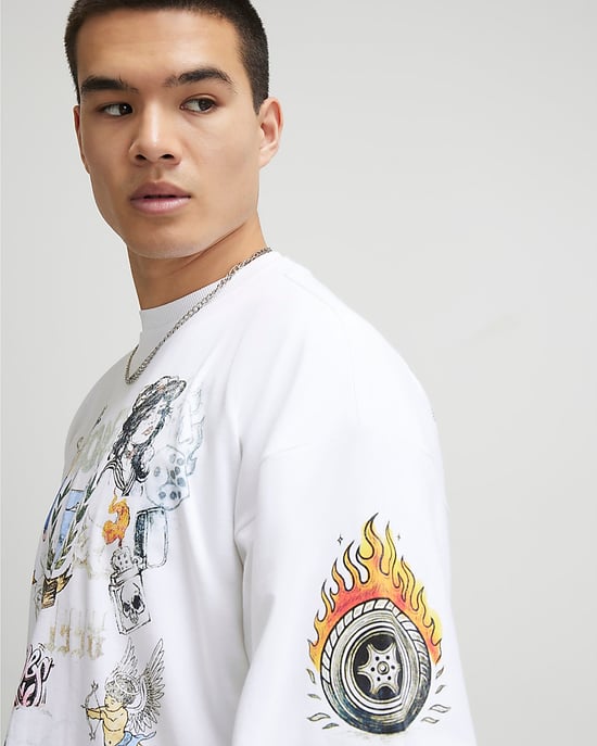 River Island Mens T-Shirt White Oversized Fit Tattoo Graphic - Image 3