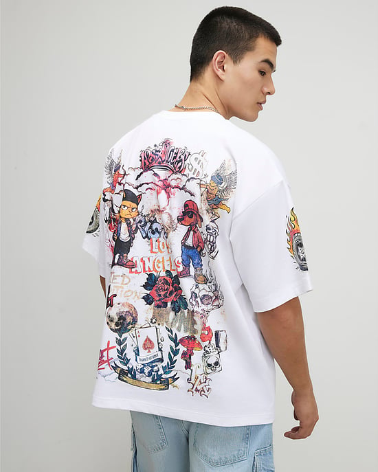 River Island Mens T-Shirt White Oversized Fit Tattoo Graphic - Image 4