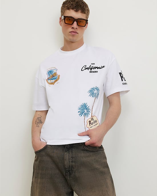 River Island Mens T-Shirt White Oversized Fit Boulevard Graphic - Image 1