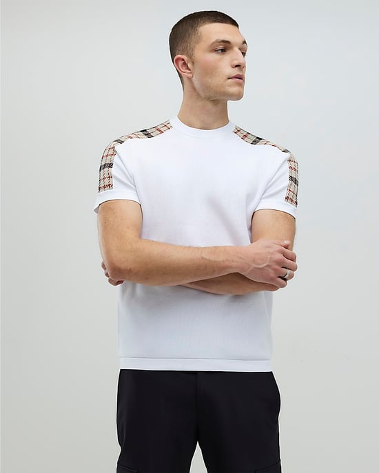 River Island Mens T-Shirt White Slim Fit Check Knit - Image 1