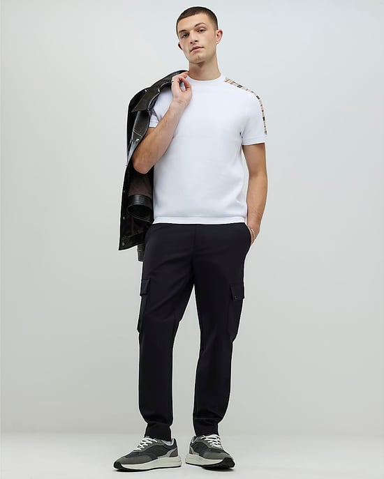 River Island Mens T-Shirt White Slim Fit Check Knit - Image 3