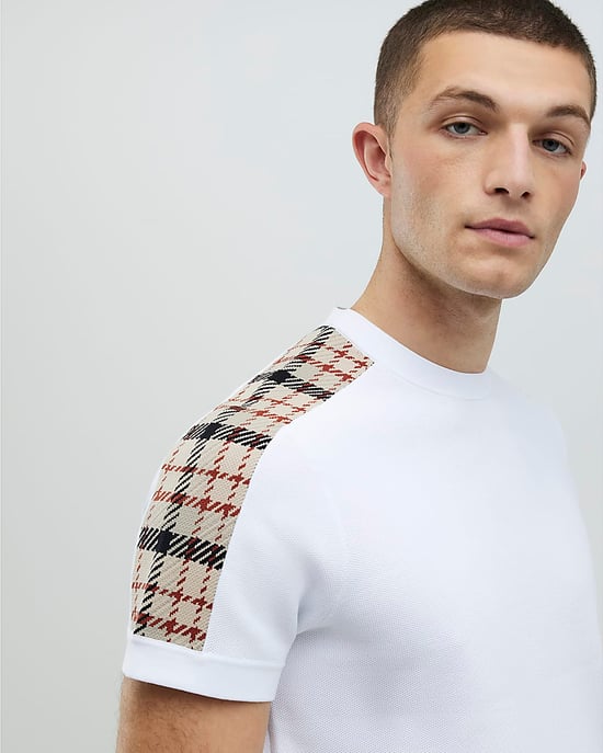 River Island Mens T-Shirt White Slim Fit Check Knit - Image 4