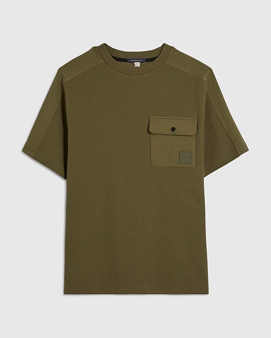 River Island Mens T-Shirt Khaki Slim Fit Textured Pocket - Image 5