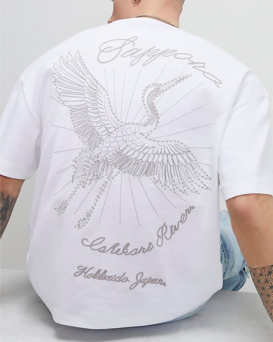 River Island Mens T-Shirt White Oversized Fit Sappora Crane Graphic - Image 2