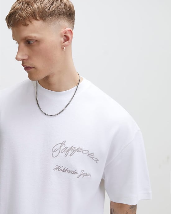 River Island Mens T-Shirt White Oversized Fit Sappora Crane Graphic - Image 4