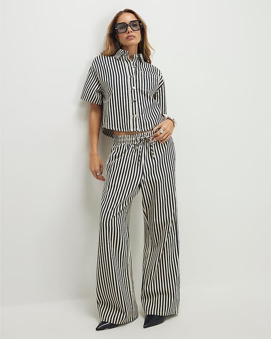 River Island Womens Wide Leg Jeans White Striped Drawstring - Image 1
