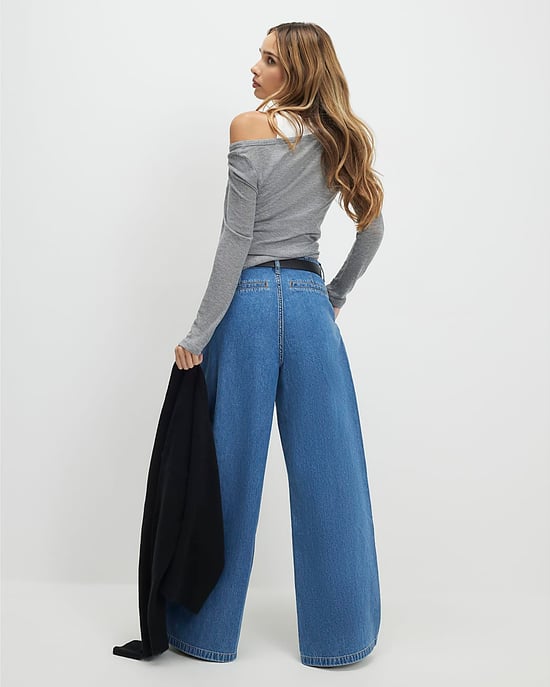 River Island Womens Wide Leg Jeans Blue Belted Pleated - Image 3