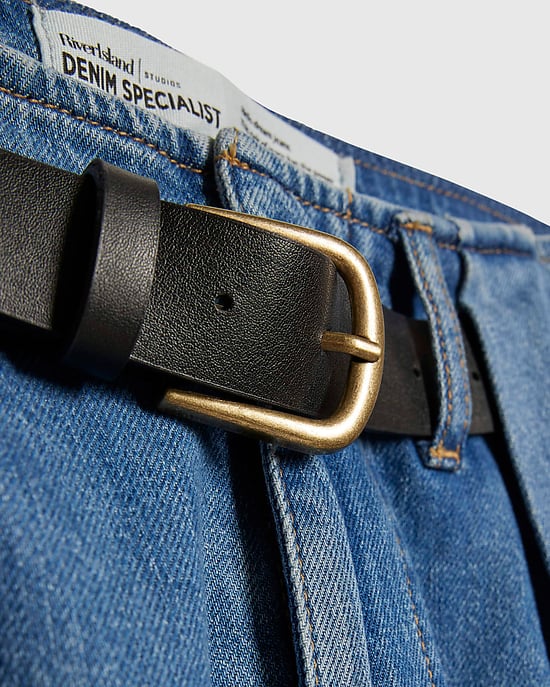 River Island Womens Wide Leg Jeans Blue Belted Pleated - Image 5