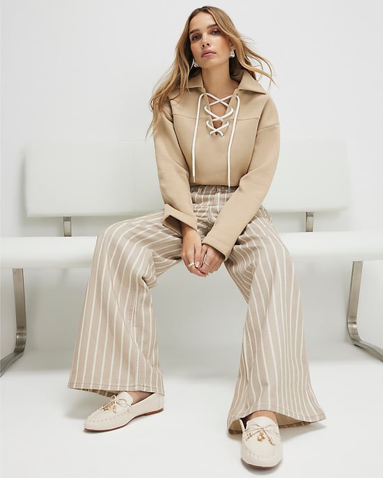 River Island Womens Wide Leg Jeans Beige Stripe Trousers - Image 4