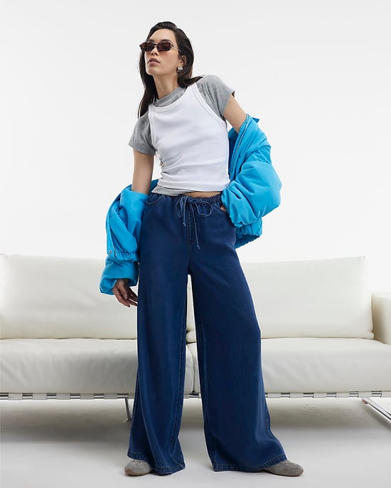 River Island Womens Wide Leg Jeans Blue High Waisted Drawstring - Image 1