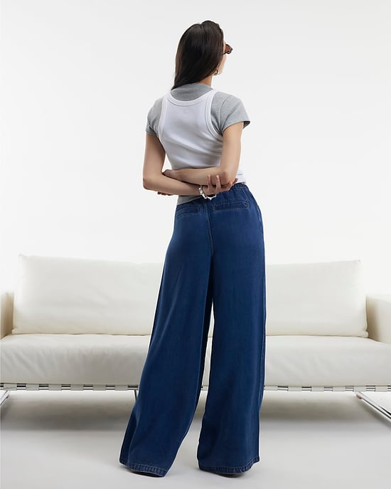 River Island Womens Wide Leg Jeans Blue High Waisted Drawstring - Image 3