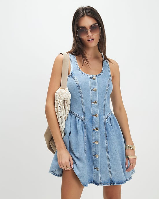 River Island Womens Mini Dress Blue Denim Button Front Sleeveless - Image 1