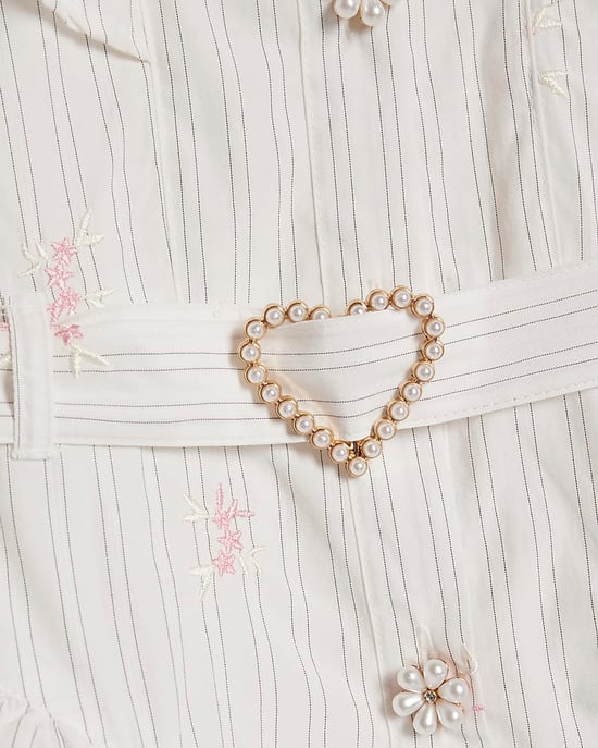 River Island Girls Shirt Dress Cream Stripe Belted Embroidered - Image 2