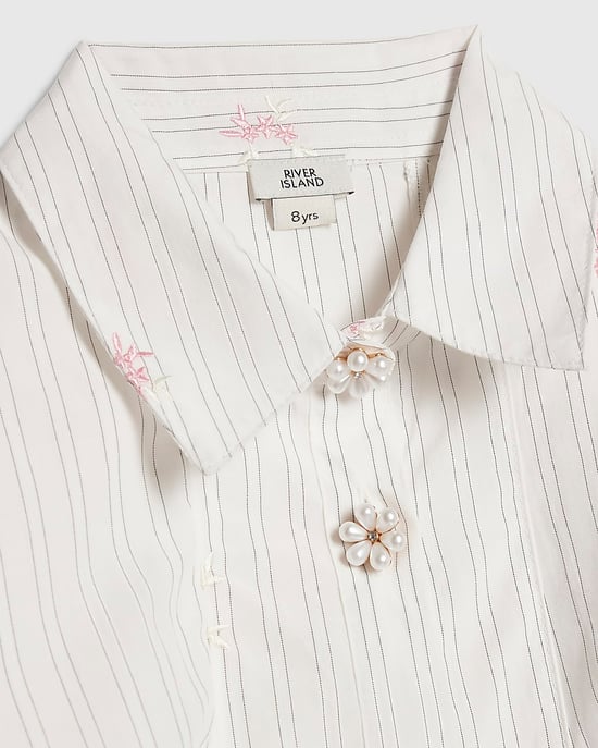 River Island Girls Shirt Dress Cream Stripe Belted Embroidered - Image 3