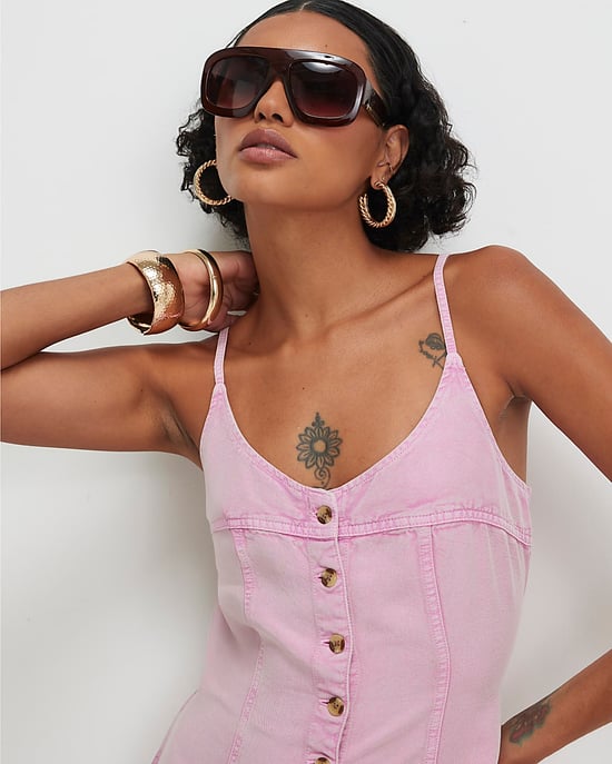 River Island Womens Mini Dress Pink Button Up Denim Sleeveless - Image 3