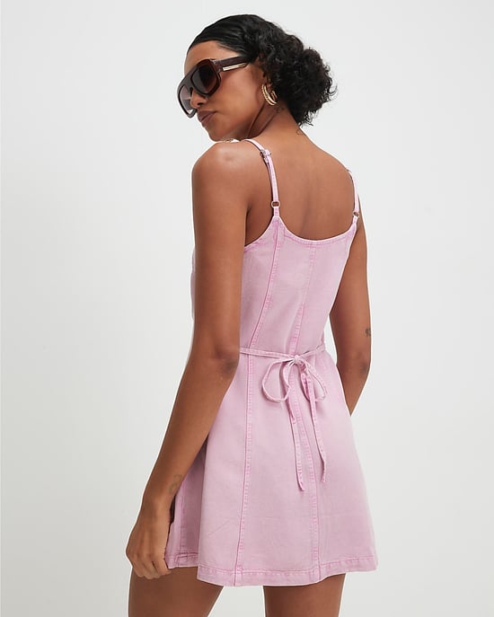 River Island Womens Mini Dress Pink Button Up Denim Sleeveless - Image 4
