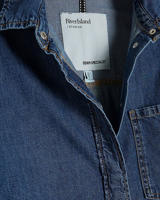 River Island Womens Shirt Mini Dress Blue Denim Oversized Collared - Image 6