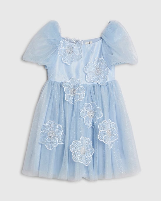 River Island Girls Dress Blue Puff Sleeve Floral Tulle Zip - Image 1