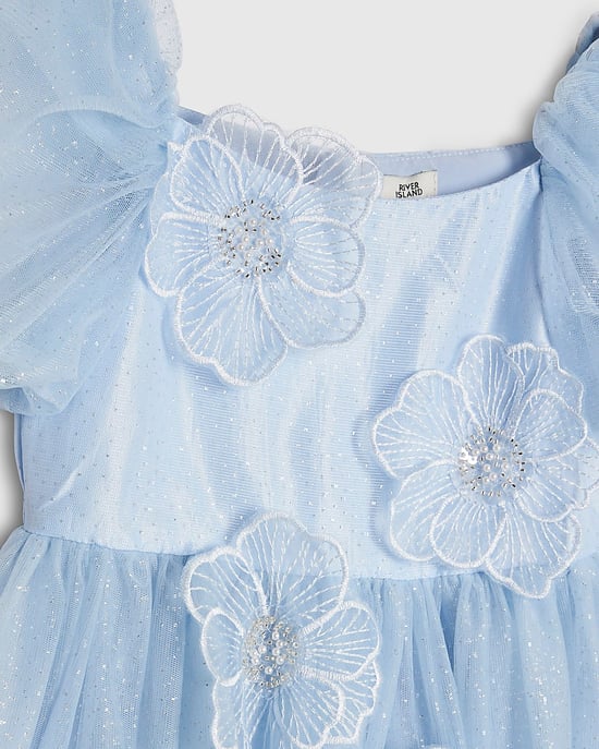 River Island Girls Dress Blue Puff Sleeve Floral Tulle Zip - Image 2