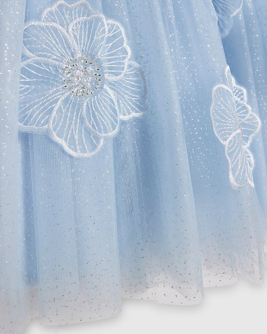 River Island Girls Dress Blue Puff Sleeve Floral Tulle Zip - Image 3