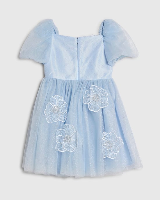 River Island Girls Dress Blue Puff Sleeve Floral Tulle Zip - Image 4