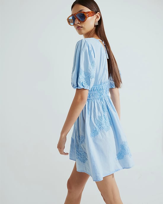 River Island Womens Mini Shift Dress Blue Puff Sleeve Embroidered - Image 2