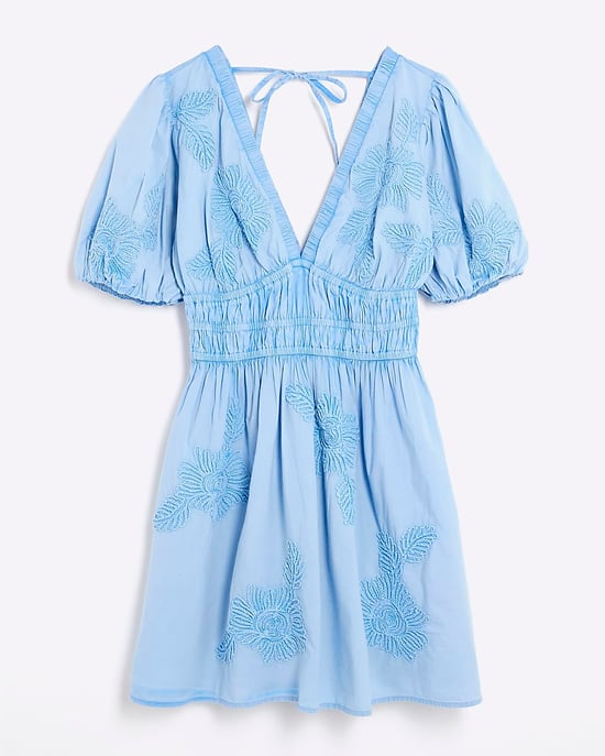 River Island Womens Mini Shift Dress Blue Puff Sleeve Embroidered - Image 6