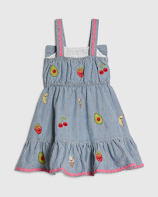 River Island Mini Girls Dress Blue Stripe Embroidered Bow Sleeveless - Image 2