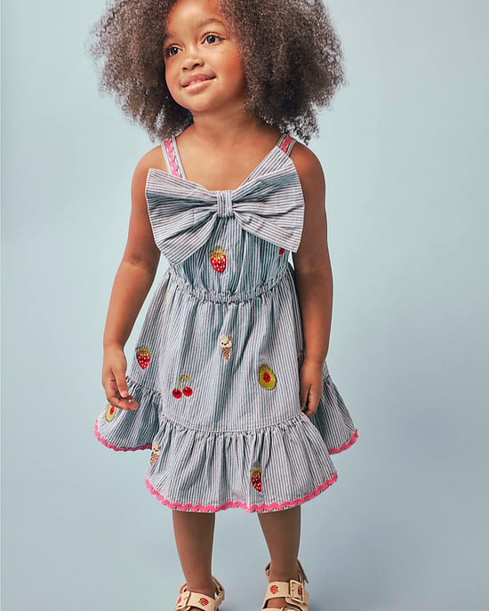 River Island Mini Girls Dress Blue Stripe Embroidered Bow Sleeveless - Image 4