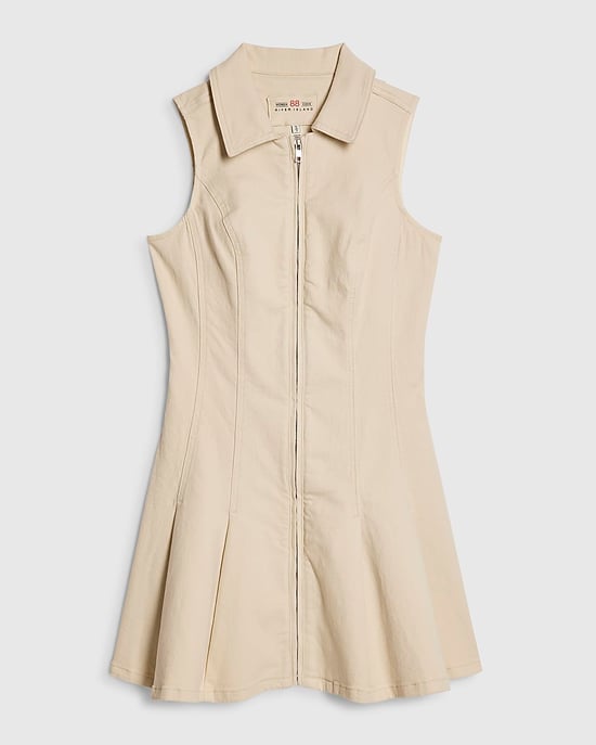 River Island Womens Mini Dress Cream Zip Denim Collared Sleeveless - Image 6