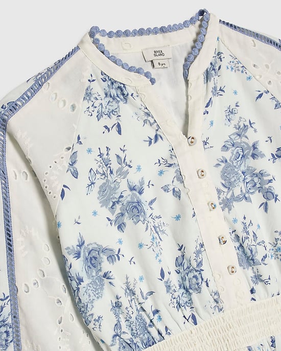 River Island Girls Shirt Dress Blue Patchwork Floral Long Sleeve - Image 2
