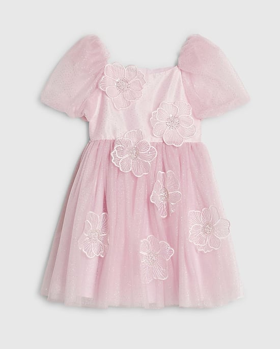 River Island Girls Dress Pink Puff Sleeve Floral Tulle Zip - Image 1
