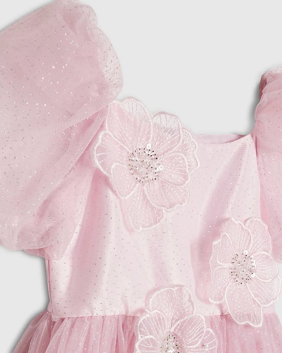 River Island Girls Dress Pink Puff Sleeve Floral Tulle Zip - Image 2