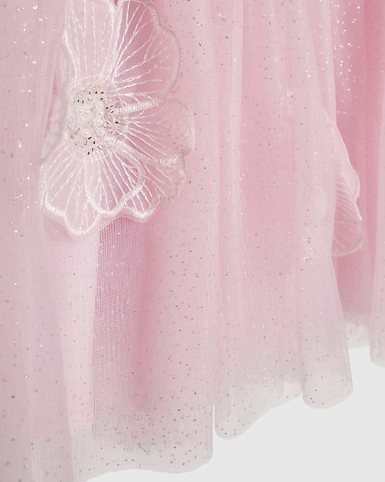 River Island Girls Dress Pink Puff Sleeve Floral Tulle Zip - Image 3