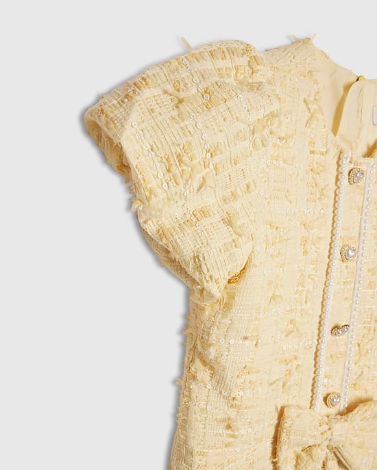 River Island Girls Dress Yellow Bow Boucle Pearl Short Sleeve - Image 2