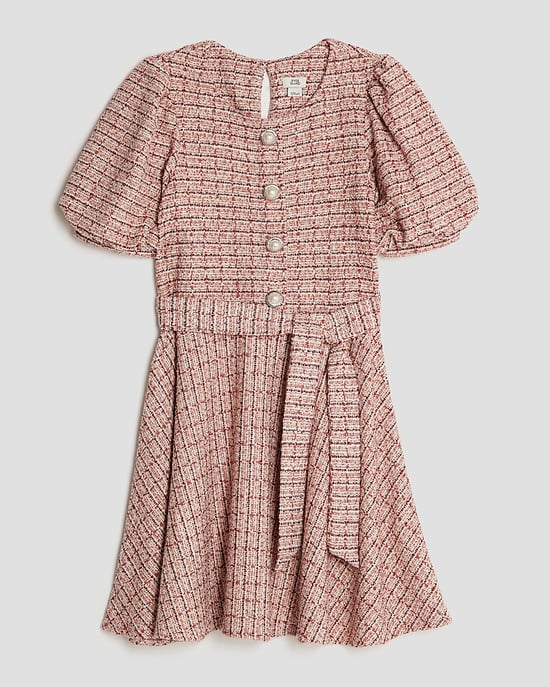 River Island Girls Dress Pink Boucle Belted Check Short Sleeve - Image 1
