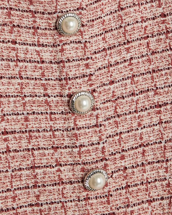 River Island Girls Dress Pink Boucle Belted Check Short Sleeve - Image 2