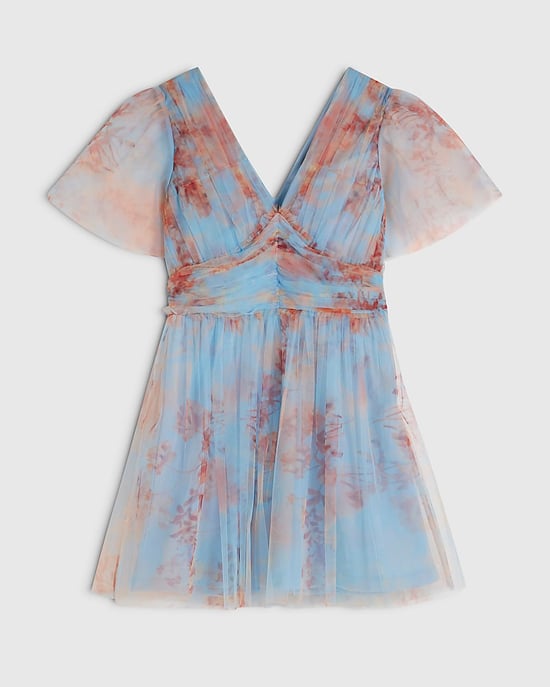 River Island Womens Mini Dress Blue Tulle Short Sleeve V-Neck - Image 6