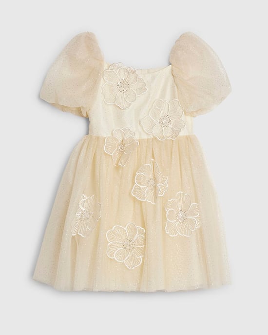 River Island Girls Dress Yellow Puff Sleeve Floral Tulle Zip - Image 1