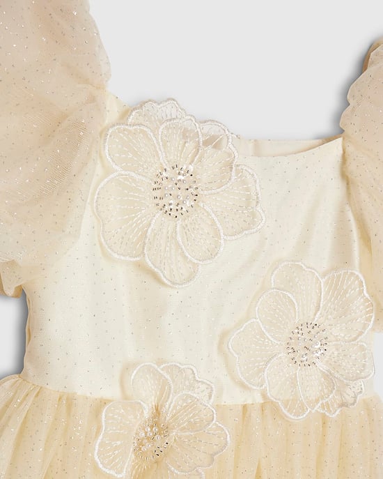 River Island Girls Dress Yellow Puff Sleeve Floral Tulle Zip - Image 2