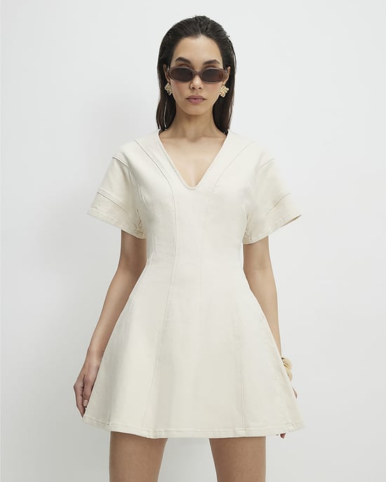 River Island Womens Mini Dress Cream Seamed Short Sleeve V-Neck - Image 1