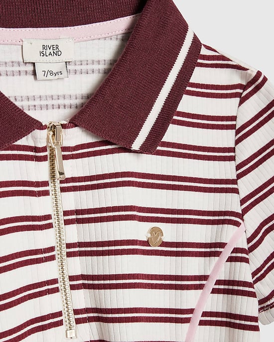 River Island Girls Dress Red Stripe Ribbed Zip Polo Striped Collared - Image 3