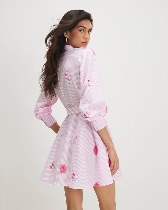 River Island Womens Shirt Dress Pink Cotton Smiley Embroidered - Image 3