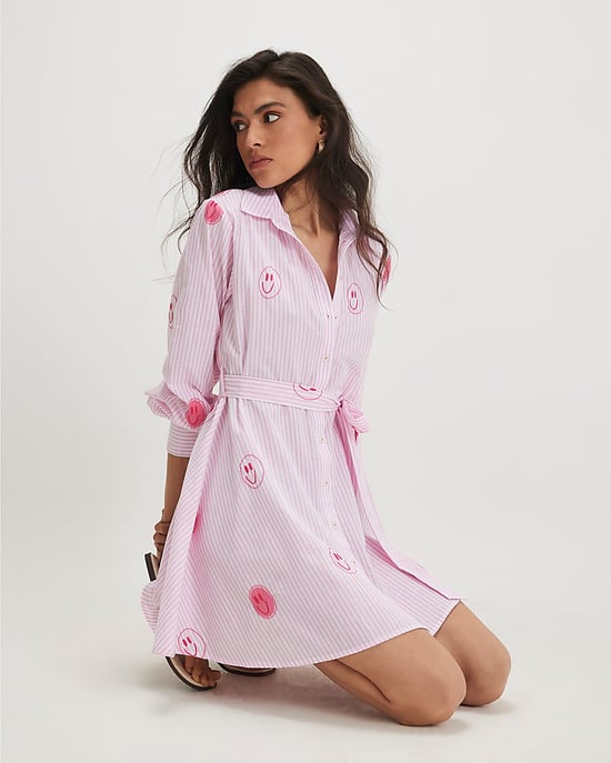 River Island Womens Shirt Dress Pink Cotton Smiley Embroidered - Image 4