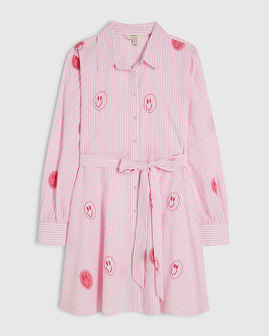River Island Womens Shirt Dress Pink Cotton Smiley Embroidered - Image 6