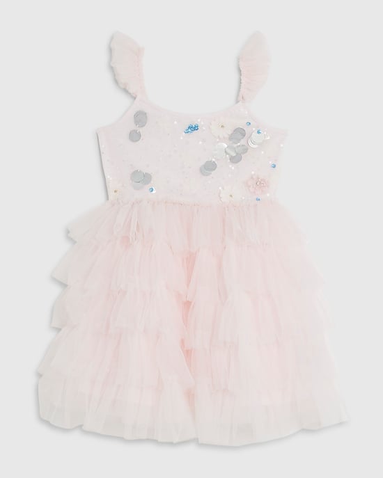 River Island Mini Girls Dress Pink Sequin Tulle Crew Neck - Image 1