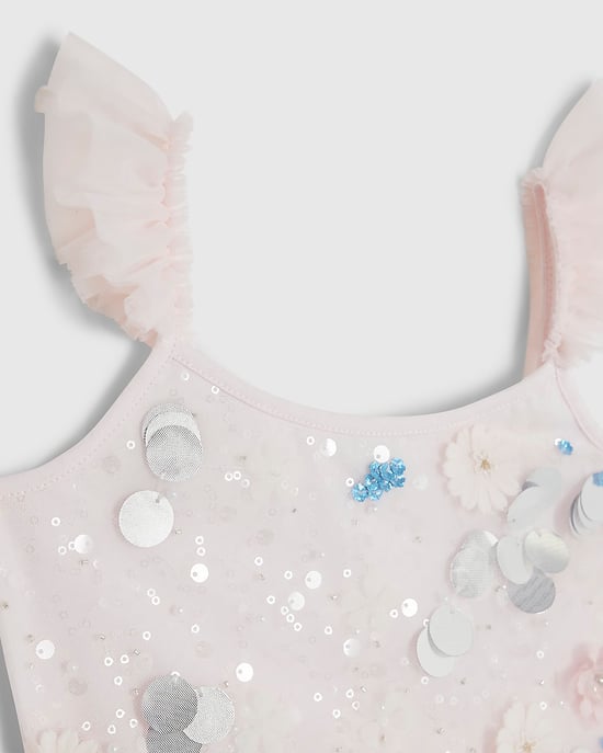 River Island Mini Girls Dress Pink Sequin Tulle Crew Neck - Image 3
